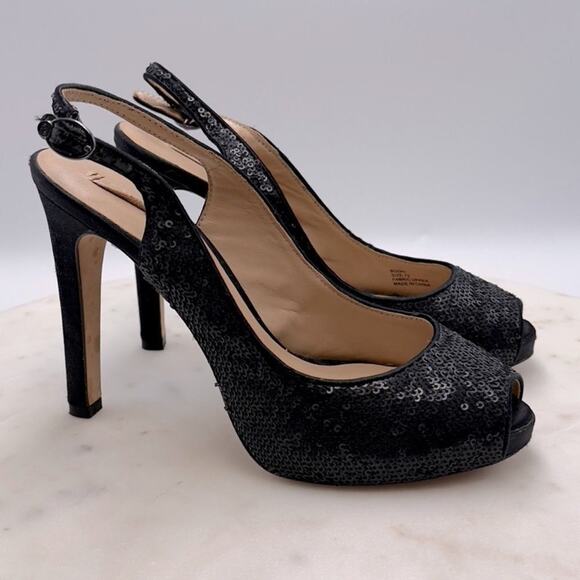 BCBGMAXAZRIA Bodhi Black Sequin Peep Toe Heels 7.5 Pumps Holiday Party Shoe NYE - Picture 4 of 11